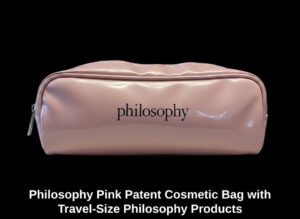 Philosophy-Pink-Patent-Cosmetic-Bag-with-Travel-Size-Philosophy-Products