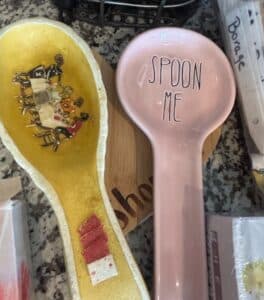 Rae-Dunn-SPOON-ME-Pink-Ceramic-Spoon-Rest-and-Yellow-Gather-Spoon-with-Transferware-Scene