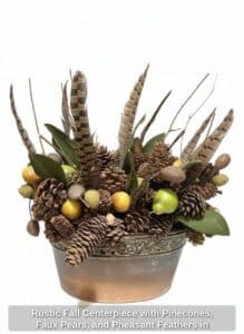 Rustic-Fall-Centerpiece-with-Pinecones-Faux-Pears-and-Pheasant-Feathers-in-Embossed-Metal-Planter