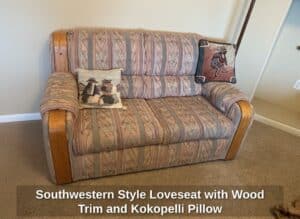 Southwestern-Style-Loveseat-with-Wood-Trim-and-Kokopelli-Pillow