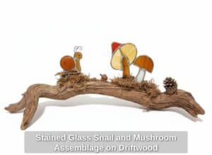 Stained-Glass-Snail-and-Mushroom-Assemblage-on-Driftwood