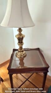 Victorian-Style-Tufted-Armchair-with-Mahogany-Side-Table-and-Brass-Urn-Lamp