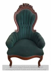 Victorian-Style-Tufted-Armchair-with-Mahogany-Side-Table-and-Brass-Urn-Lamp-fifth-image