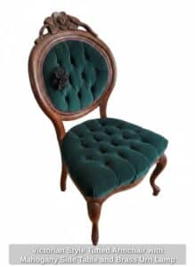 Victorian-Style-Tufted-Armchair-with-Mahogany-Side-Table-and-Brass-Urn-Lamp-fourth-image