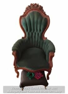 Victorian-Style-Tufted-Armchair-with-Mahogany-Side-Table-and-Brass-Urn-Lamp-second-image