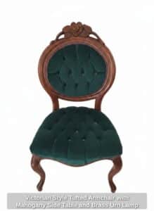 Victorian-Style-Tufted-Armchair-with-Mahogany-Side-Table-and-Brass-Urn-Lamp-third-image