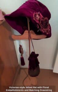 Victorian-style-Velvet-Hat-with-Floral-Embellishments-and-Matching-Drawstring-Pouch