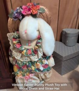 Vintage-Easter-Bunny-Plush-Toy-with-Floral-Dress-and-Straw-Hat