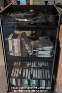 Vintage-Entertainment-Center-with-Turntable-and-VHS-Collection
