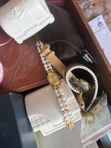 Vintage-Jewelry-Box-with-Assorted-Costume-Jewelry-and-Pearl-Band-Watch-second-image