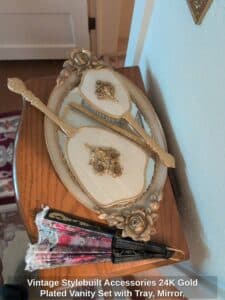 Vintage-Stylebuilt-Accessories-K-Gold-Plated-Vanity-Set-with-Tray-Mirror-Brushes-and-Comb-second-image