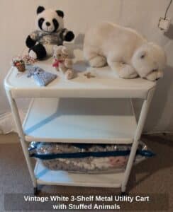 Vintage-White-Shelf-Metal-Utility-Cart-with-Stuffed-Animals