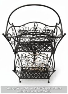 Vintage-Wrought-Iron-Tier-Magazine-Rack-with-Floral-and-Leaf-Motifs