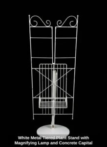 White-Metal-Tiered-Plant-Stand-with-Magnifying-Lamp-and-Concrete-Capital