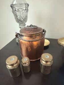 Antique-Copper-Milk-Can-with-Scale-Weights-and-Crystal-Compote