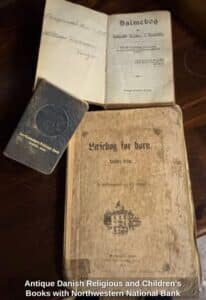 Antique-Danish-Religious-and-Childrens-Books-with-Northwestern-National-Bank-Passbook
