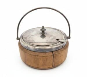 Antique-English-Oak-and-Silver-Plate-Biscuit-Barrel
