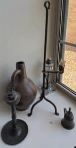 Antique-Pewter-Oil-Lamp-and-Earthenware-Jug-Set