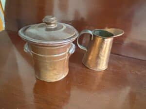 Antique-Stoneware-Jar-with-Lid-and-Small-Brass-Pitcher
