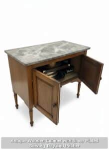 Antique-Wooden-Cabinet-with-Silver-Plated-Serving-Tray-and-Pitcher