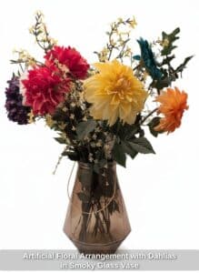 Artificial-Floral-Arrangement-with-Dahlias-in-Smoky-Glass-Vase
