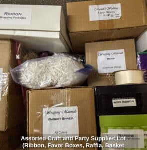Assorted-Craft-and-Party-Supplies-Lot-Ribbon-Favor-Boxes-Raffia-Basket-Shred-Napkins
