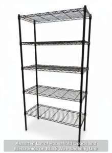 Assorted-Lot-of-Household-Goods-and-Electronics-on-Black-Wire-Shelving-Unit