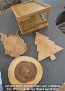 Bamboo-Tiered-Serving-Stand-with-Christmas-Tree-West-Virginia-and-Round-Wood-Slice-Cutting-Boards