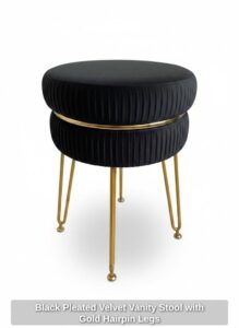 Black-Pleated-Velvet-Vanity-Stool-with-Gold-Hairpin-Legs