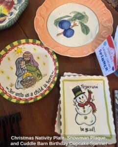 Christmas-Nativity-Plate-Snowman-Plaque-and-Cuddle-Barn-Birthday-Cupcake-Spinner