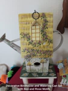 Decorative-Birdhouse-and-Watering-Can-Set-with-Bee-and-Rose-Motifs