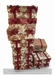 Decorative-Storage-Boxes-with-Paisley-Pattern-and-Burgundy-Ribbons