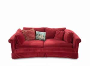 Ethan-Allen-Crimson-Velvet-Sofa-with-Decorative-Pillows