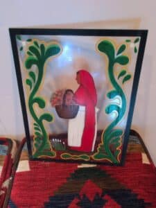 Folk-Art-Style-Painted-Glass-Panel-with-Woman-Carrying-Basket