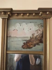 Gilt-Wood-Framed-Mirror-with-Coastal-Landscape-Painting