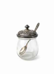 Glass-Jam-Jar-with-Ornate-Pewter-Lid-and-Spoon