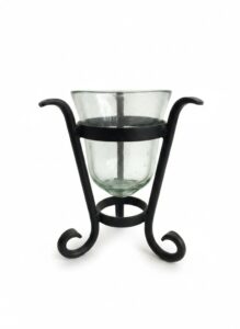 Hand-Blown-Glass-Hurricane-Candle-Holder-with-Scrolled-Wrought-Iron-Stand