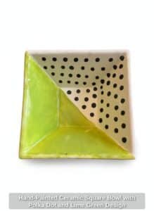 Hand-Painted-Ceramic-Square-Bowl-with-Polka-Dot-and-Lime-Green-Design