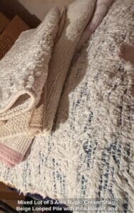 Mixed-Lot-of-Area-Rugs-Cream-Shag-Beige-Looped-Pile-with-Pink-Border-and-Textured-Cream-Shag