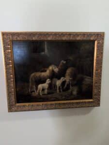 Oil-Painting-of-Sheep-and-Lambs-in-a-Barn-Attributed-to-Charles-Emile-Jacque