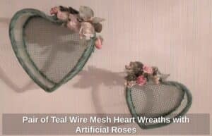 Pair-of-Teal-Wire-Mesh-Heart-Wreaths-with-Artificial-Roses