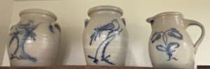 Stoneware-Pitcher-and-Crocks-with-Blue-Decoration