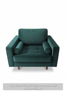 Teal-Velvet-Sven-Style-Armchair-with-Bolster-Pillows