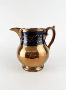 Victorian-Copper-Lustre-Pitcher-with-Blue-Band-and-Floral-Gilt