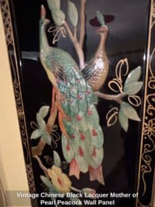 Vintage-Chinese-Black-Lacquer-Mother-of-Pearl-Peacock-Wall-Panel-second-image