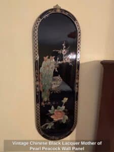 Vintage-Chinese-Black-Lacquer-Mother-of-Pearl-Peacock-Wall-Panel-third-image