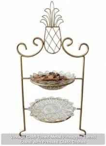Vintage-Gold-Toned-Metal-Pineapple-Tiered-Stand-with-Pressed-Glass-Dishes