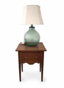 Vintage-Green-Glass-Demijohn-Bottle-Table-Lamp-with-Wooden-Nightstand