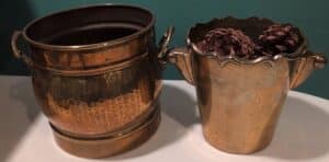 Vintage-Hammered-Copper-Pot-and-Scalloped-Brass-Planter