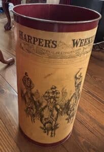 Vintage-Harpers-Weekly-Tin-Waste-Bin-with-Equestrian-Scene